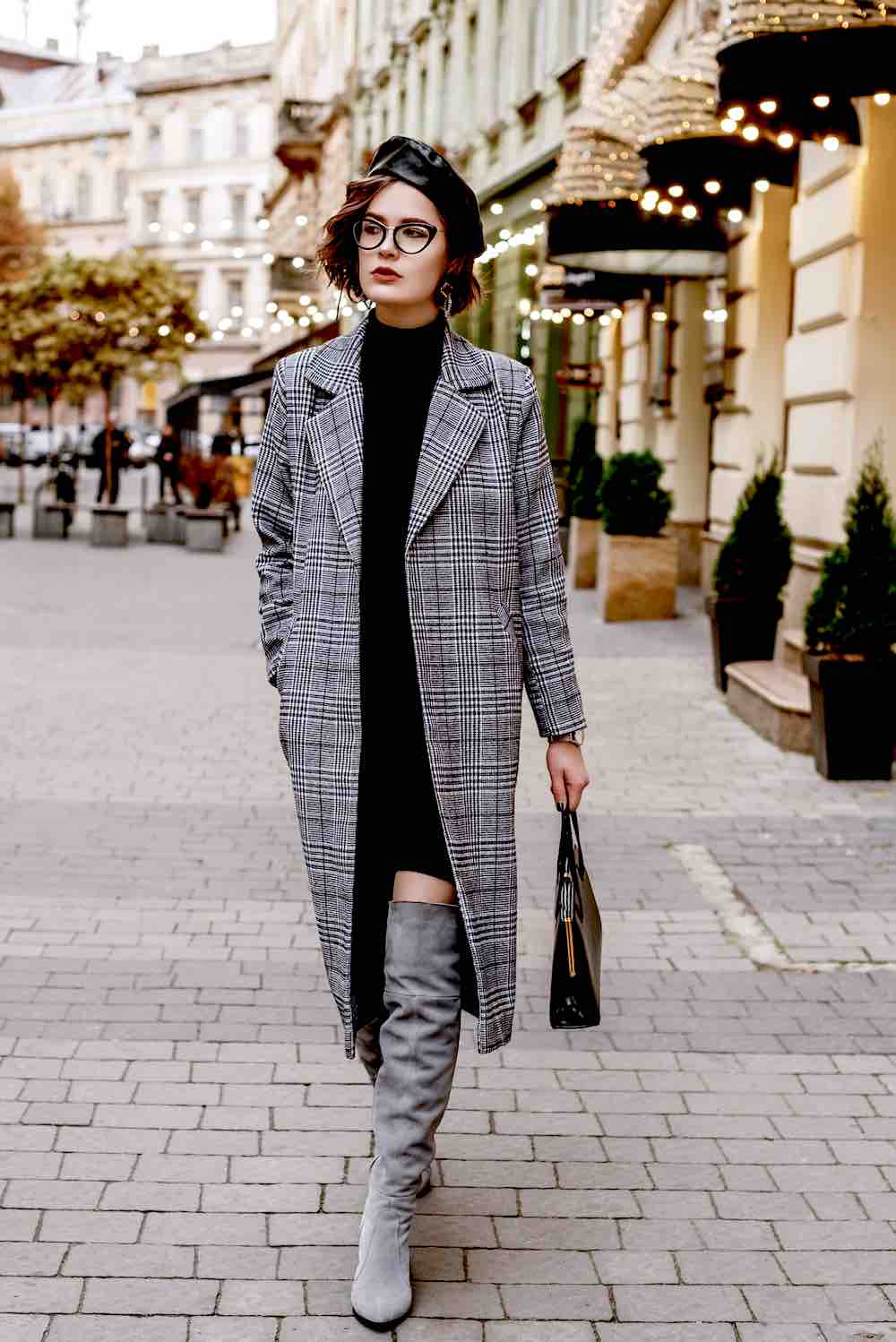 Woman Wearing Checkered Coat Short Turtleneck Dress| 10 Cozy Cute Winter Outfits For Work | Looks For Your Busy Week